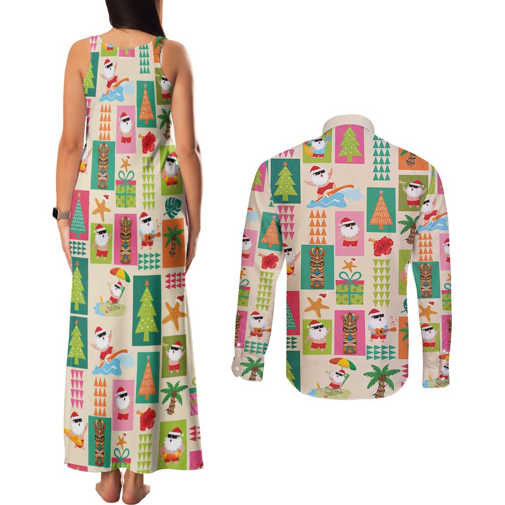 Mele Kalikimaka Hawaii Christmas Couples Matching Tank Maxi Dress and Long Sleeve Button Shirt Funny Santan Hippie Style