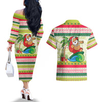 Mele Kalikimaka Hawaii Christmas Couples Matching Off The Shoulder Long Sleeve Dress and Hawaiian Shirt Surfing Santa with Polynesian Tribal