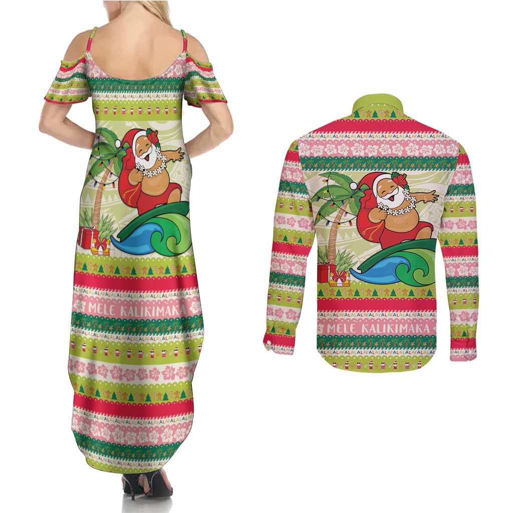 Mele Kalikimaka Hawaii Christmas Couples Matching Summer Maxi Dress and Long Sleeve Button Shirt Surfing Santa with Polynesian Tribal