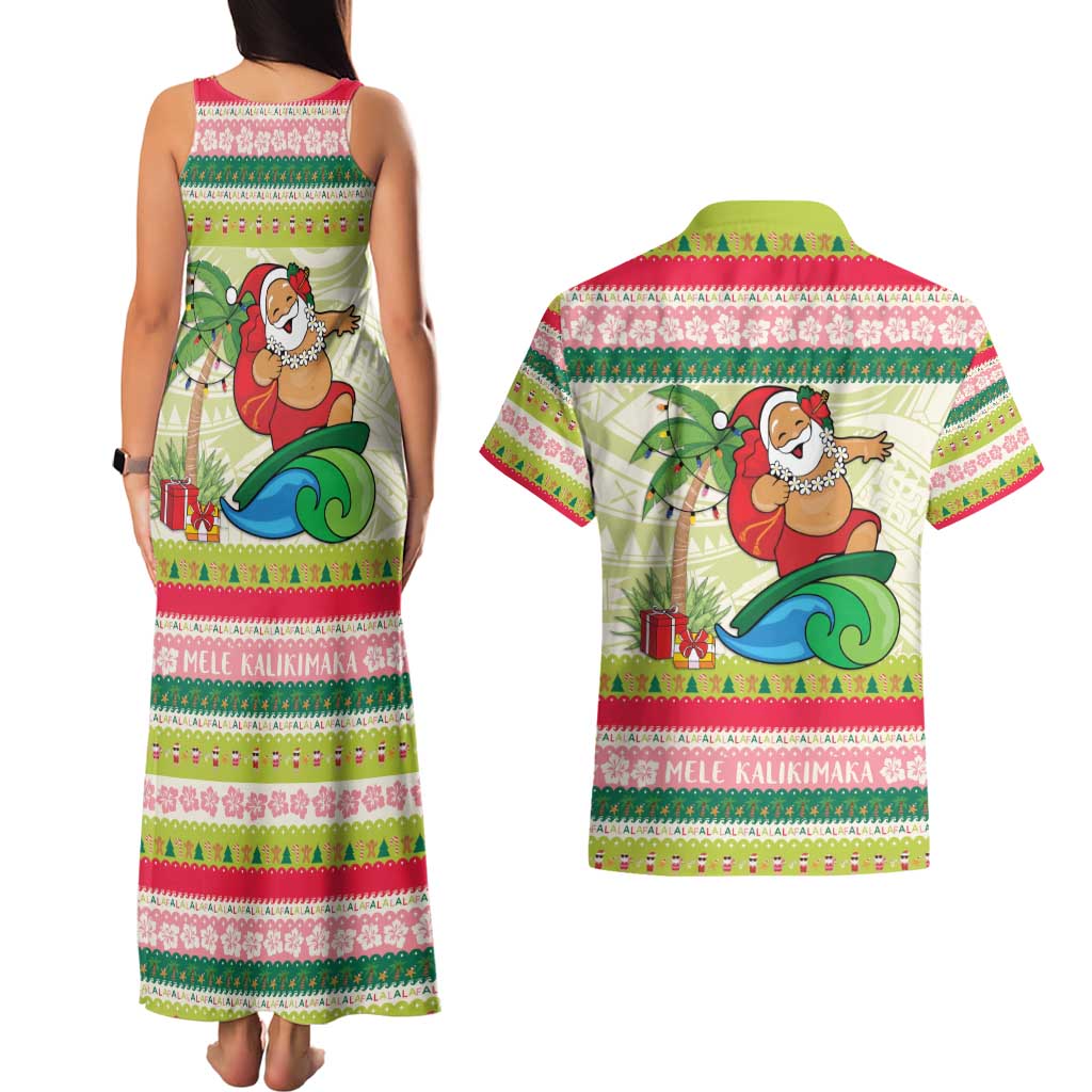 Mele Kalikimaka Hawaii Christmas Couples Matching Tank Maxi Dress and Hawaiian Shirt Surfing Santa with Polynesian Tribal