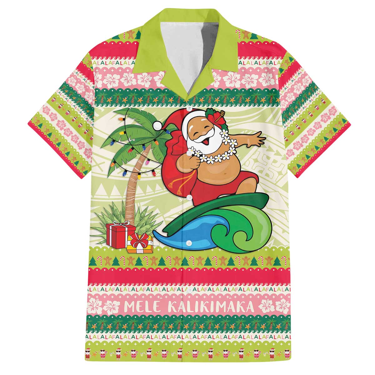 Mele Kalikimaka Hawaii Christmas Family Matching Off The Shoulder Long Sleeve Dress and Hawaiian Shirt Surfing Santa with Polynesian Tribal