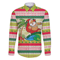 Mele Kalikimaka Hawaii Christmas Family Matching Off The Shoulder Long Sleeve Dress and Hawaiian Shirt Surfing Santa with Polynesian Tribal
