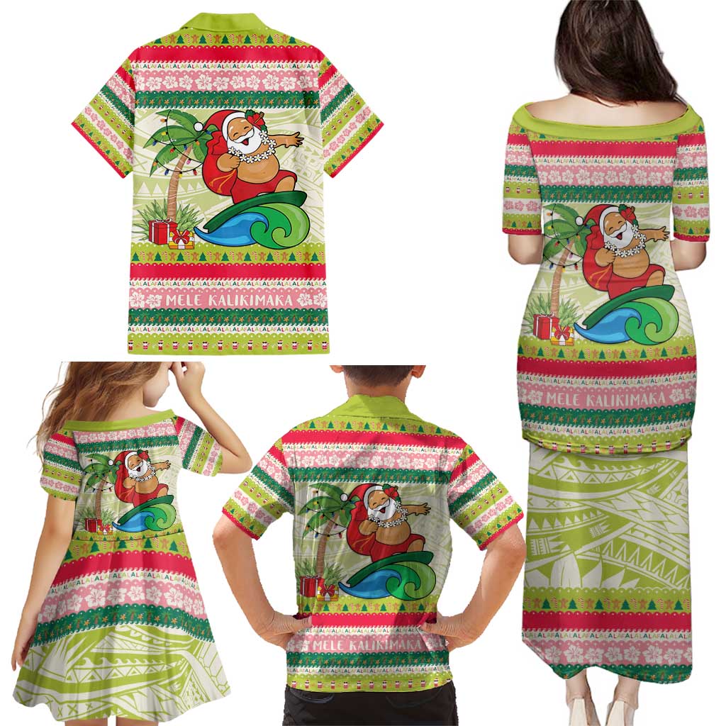 Mele Kalikimaka Hawaii Christmas Family Matching Puletasi and Hawaiian Shirt Surfing Santa with Polynesian Tribal