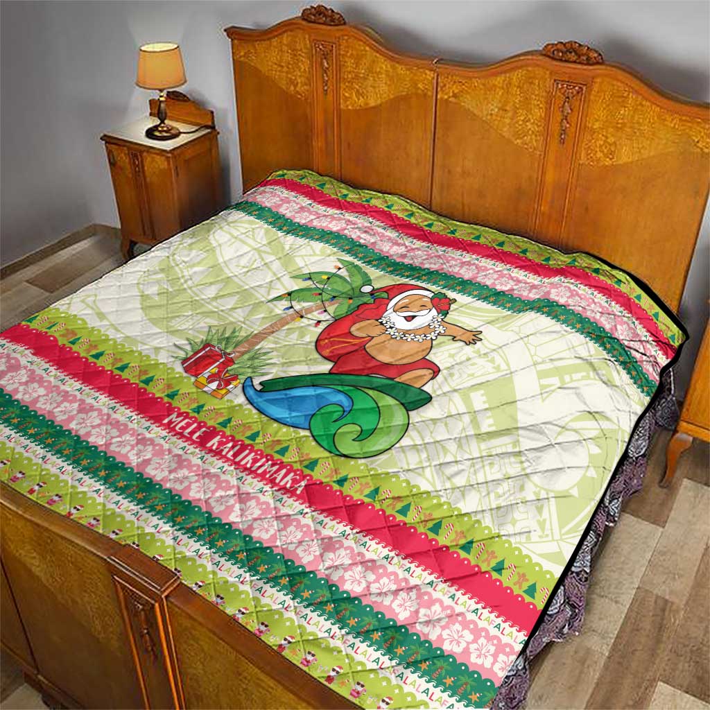 Mele Kalikimaka Hawaii Christmas Quilt Surfing Santa with Polynesian Tribal