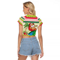 Mele Kalikimaka Hawaii Christmas Raglan Cropped T Shirt Surfing Santa with Polynesian Tribal