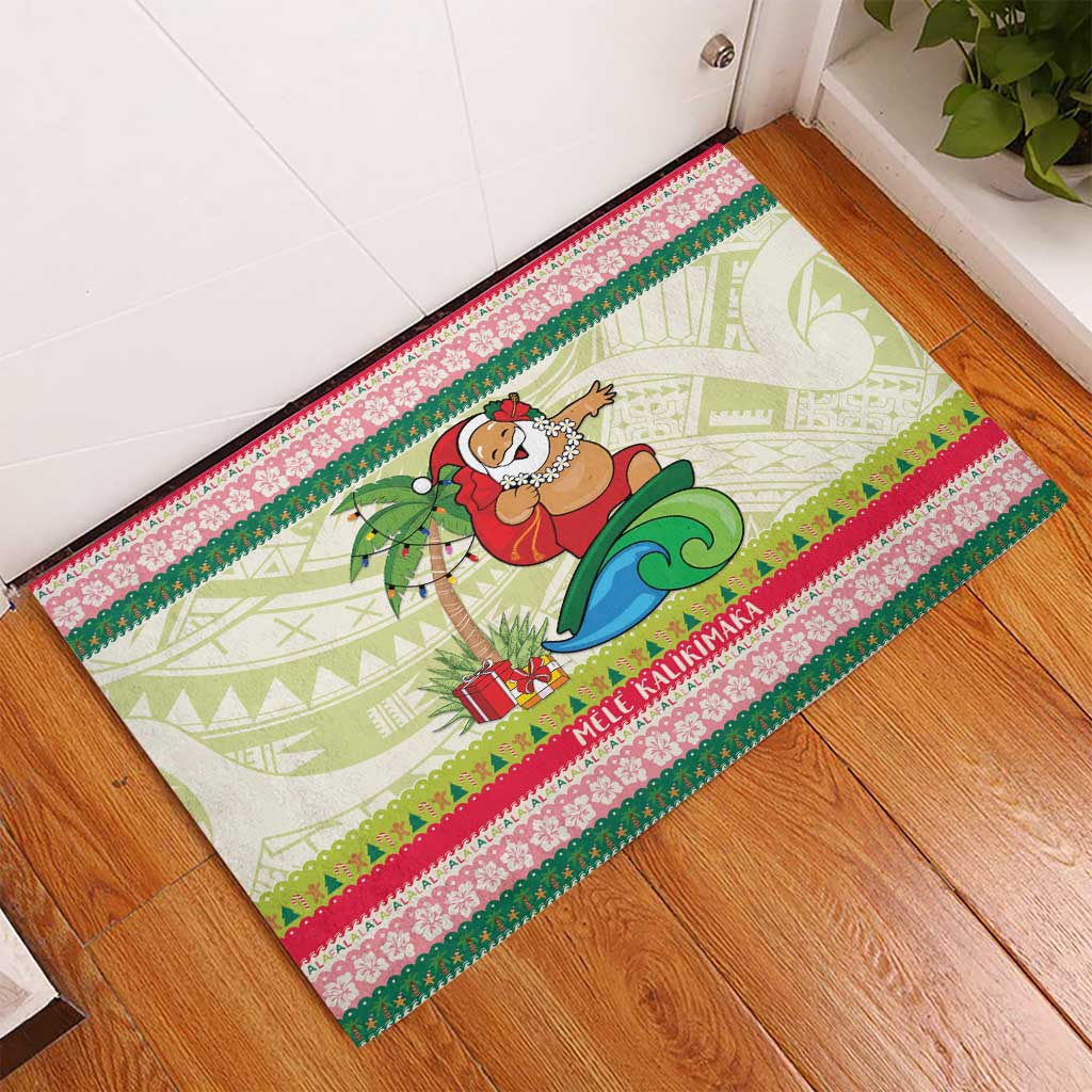Mele Kalikimaka Hawaii Christmas Rubber Doormat Surfing Santa with Polynesian Tribal