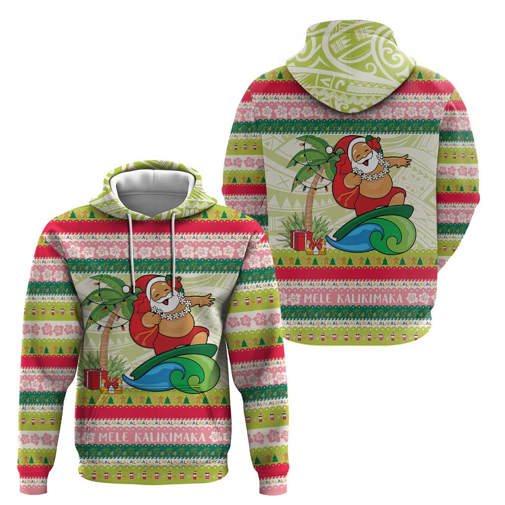 Mele Kalikimaka Hawaii Christmas Zip Hoodie Surfing Santa with Polynesian Tribal