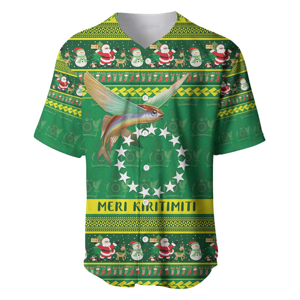 Meri Kiritimiti Cook Islands Christmas Baseball Jersey Maroro Flying Fish and White Stars LT9 Green - Polynesian Pride