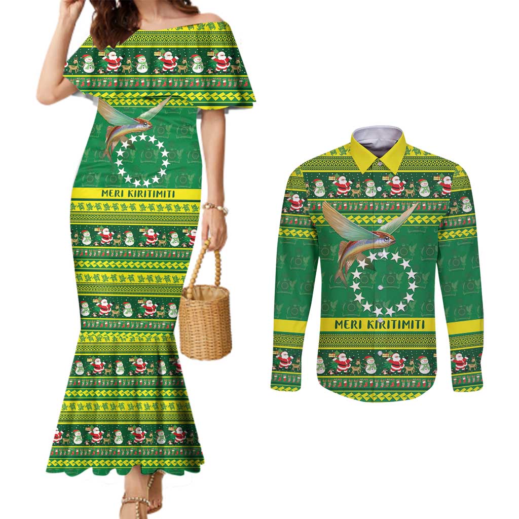Meri Kiritimiti Cook Islands Christmas Couples Matching Mermaid Dress and Long Sleeve Button Shirt Maroro Flying Fish and White Stars