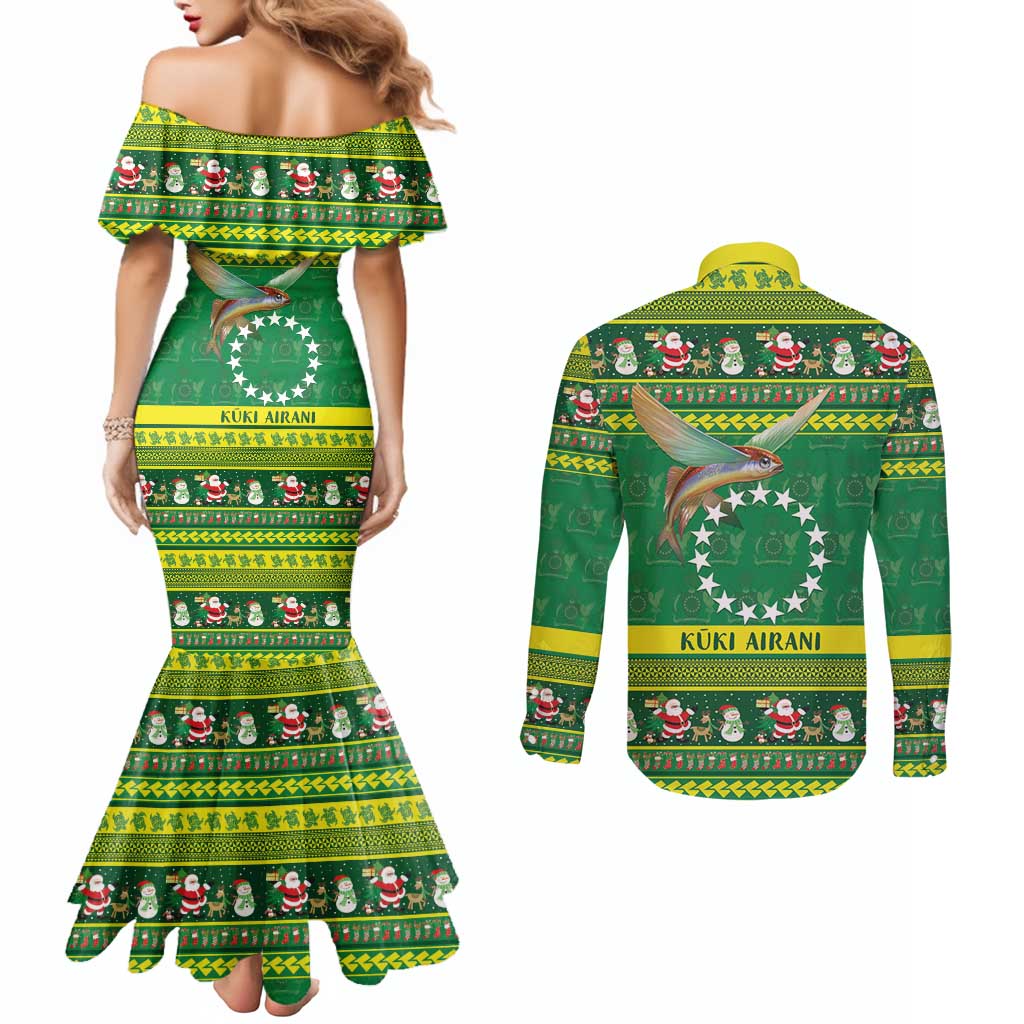 Meri Kiritimiti Cook Islands Christmas Couples Matching Mermaid Dress and Long Sleeve Button Shirt Maroro Flying Fish and White Stars