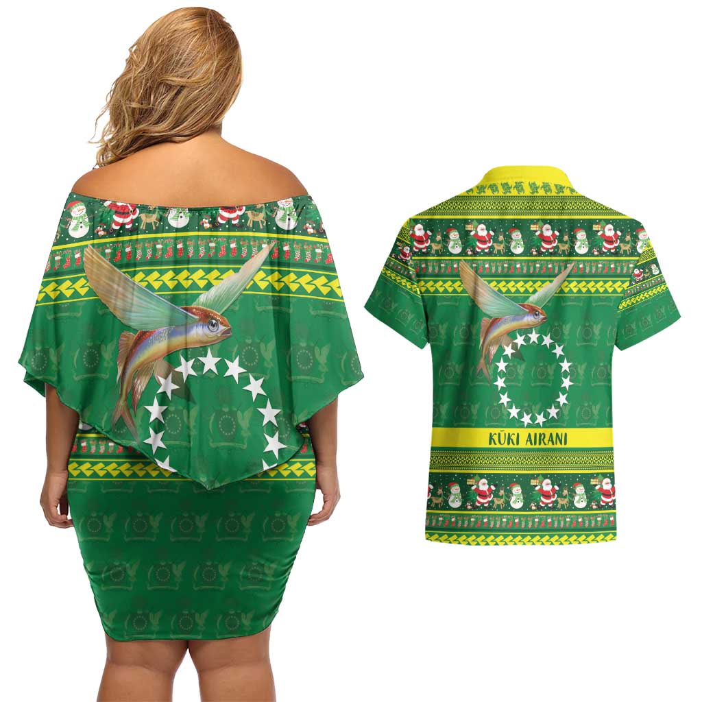 Meri Kiritimiti Cook Islands Christmas Couples Matching Off Shoulder Short Dress and Hawaiian Shirt Maroro Flying Fish and White Stars
