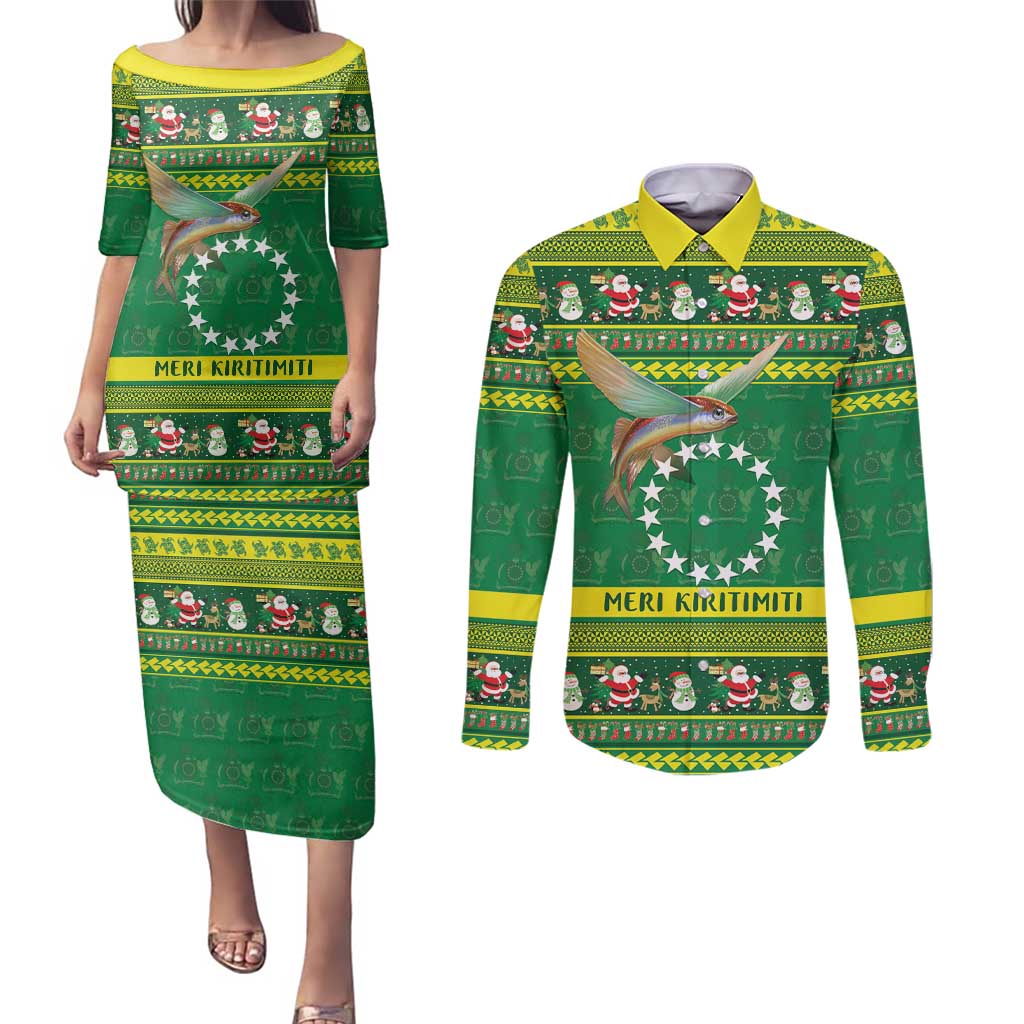 Meri Kiritimiti Cook Islands Christmas Couples Matching Puletasi and Long Sleeve Button Shirt Maroro Flying Fish and White Stars