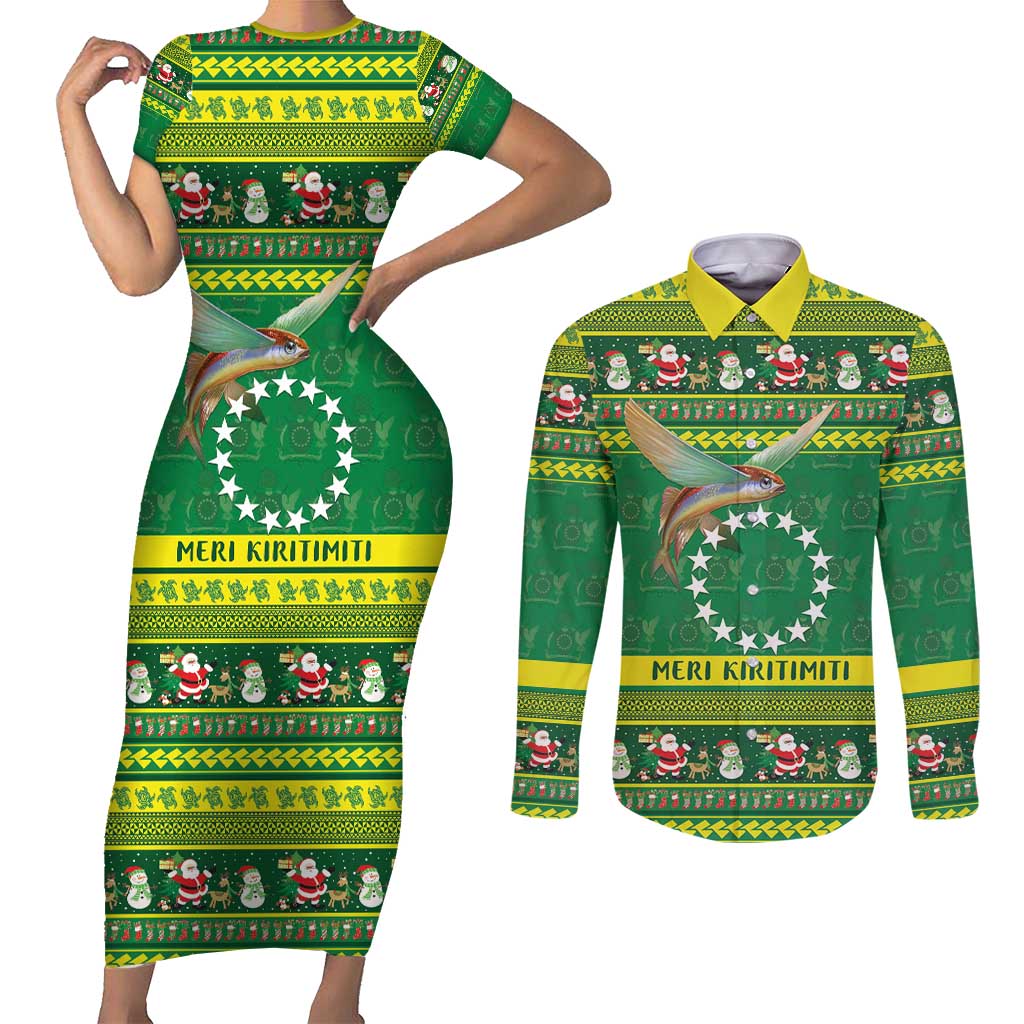 Meri Kiritimiti Cook Islands Christmas Couples Matching Short Sleeve Bodycon Dress and Long Sleeve Button Shirt Maroro Flying Fish and White Stars LT9 Green - Polynesian Pride