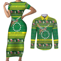 Meri Kiritimiti Cook Islands Christmas Couples Matching Short Sleeve Bodycon Dress and Long Sleeve Button Shirt Maroro Flying Fish and White Stars LT9 Green - Polynesian Pride