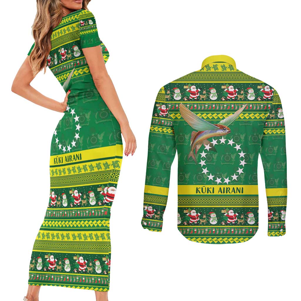 Meri Kiritimiti Cook Islands Christmas Couples Matching Short Sleeve Bodycon Dress and Long Sleeve Button Shirt Maroro Flying Fish and White Stars LT9 - Polynesian Pride