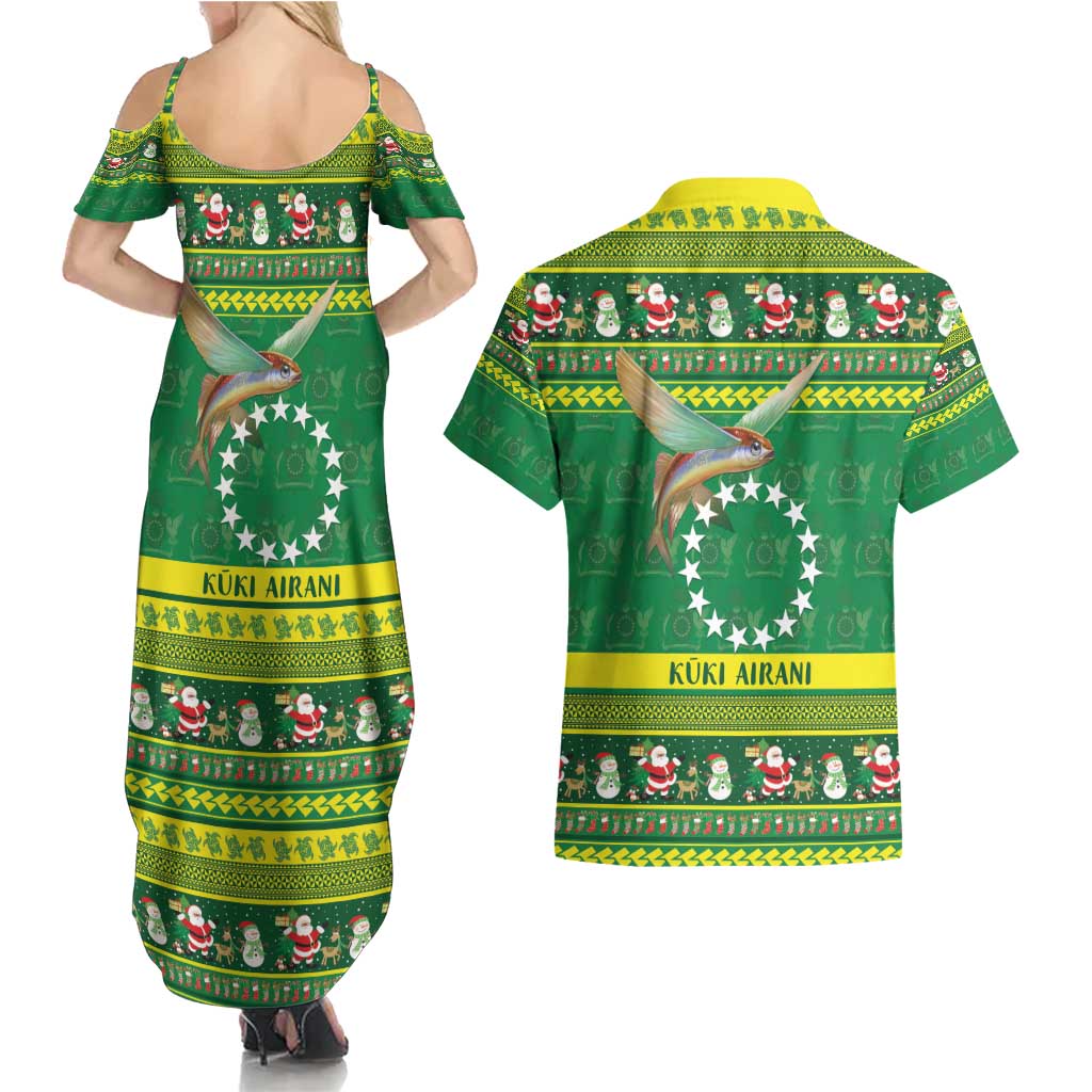 Meri Kiritimiti Cook Islands Christmas Couples Matching Summer Maxi Dress and Hawaiian Shirt Maroro Flying Fish and White Stars