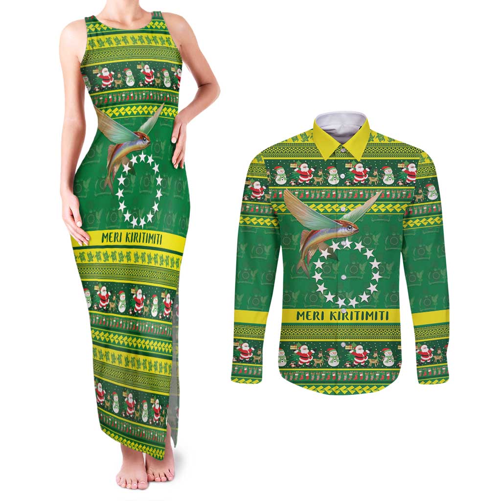 Meri Kiritimiti Cook Islands Christmas Couples Matching Tank Maxi Dress and Long Sleeve Button Shirt Maroro Flying Fish and White Stars