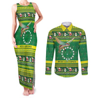 Meri Kiritimiti Cook Islands Christmas Couples Matching Tank Maxi Dress and Long Sleeve Button Shirt Maroro Flying Fish and White Stars