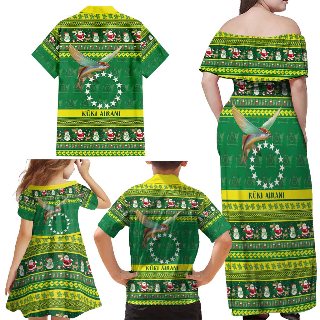 Meri Kiritimiti Cook Islands Christmas Family Matching Off Shoulder Maxi Dress and Hawaiian Shirt Maroro Flying Fish and White Stars
