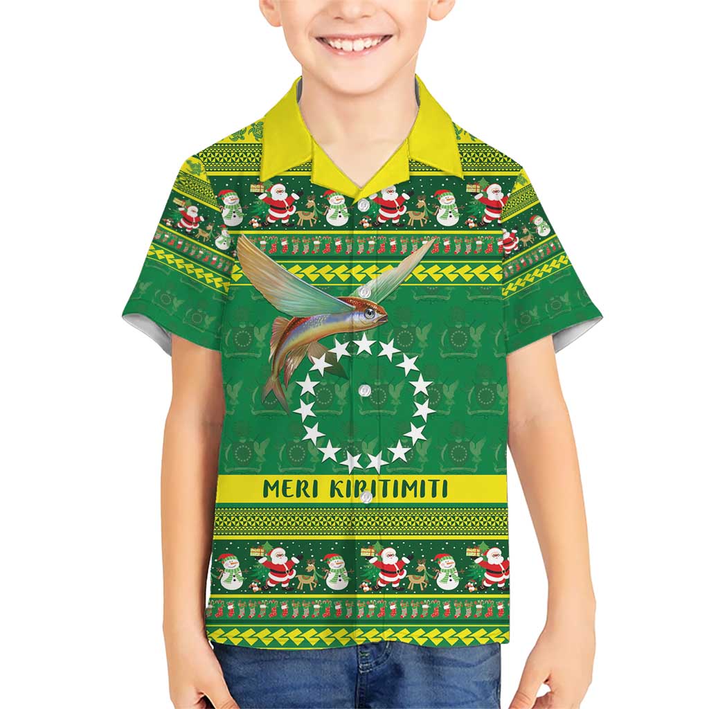 Meri Kiritimiti Cook Islands Christmas Kid Hawaiian Shirt Maroro Flying Fish and White Stars