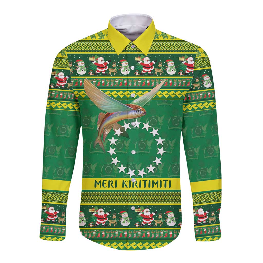 Meri Kiritimiti Cook Islands Christmas Long Sleeve Button Shirt Maroro Flying Fish and White Stars