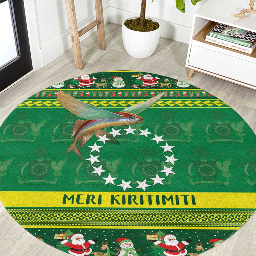 Meri Kiritimiti Cook Islands Christmas Round Carpet Maroro Flying Fish and White Stars LT9 Green - Polynesian Pride
