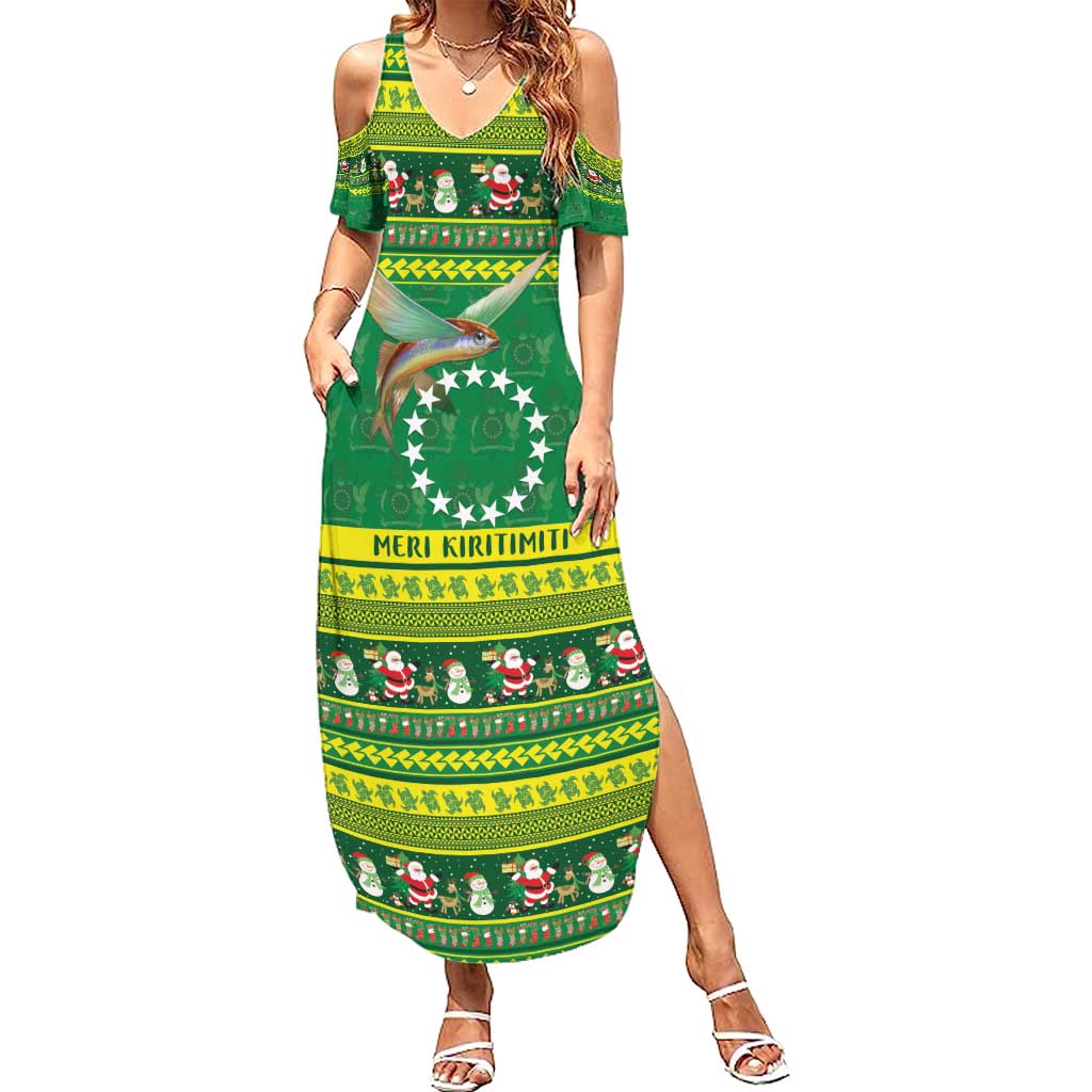 Meri Kiritimiti Cook Islands Christmas Summer Maxi Dress Maroro Flying Fish and White Stars