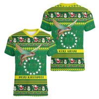 Meri Kiritimiti Cook Islands Christmas Women V-Neck T-Shirt Maroro Flying Fish and White Stars