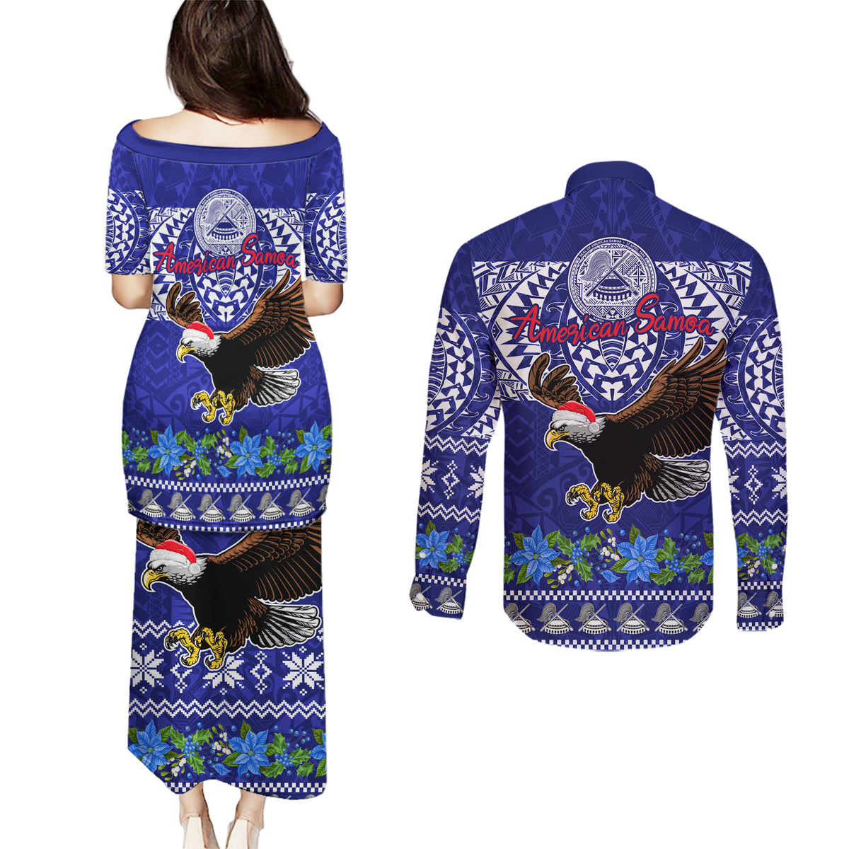 American Samoa Christmas Couples Matching Puletasi Dress and Long Sleeve Button Shirt Manuia le Kerisimasi Polynesian Tribal LT9 - Polynesian Pride
