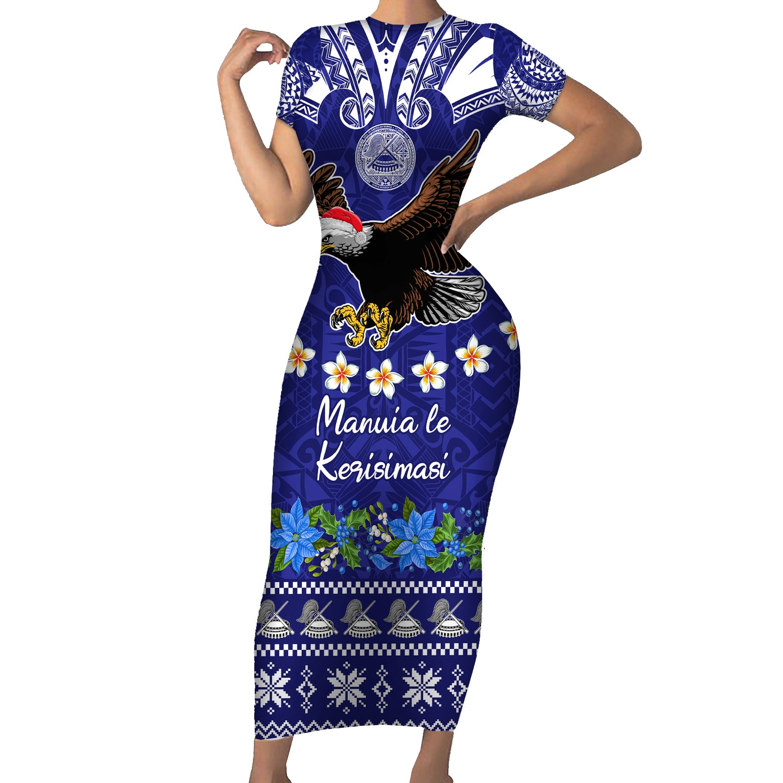 American Samoa Christmas Short Sleeve Bodycon Dress Manuia le Kerisimasi Polynesian Tribal LT9 Long Dress Blue - Polynesian Pride
