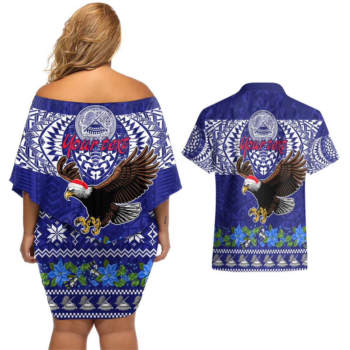 Personalised American Samoa Christmas Couples Matching Off Shoulder Short Dress and Hawaiian Shirt Manuia le Kerisimasi Polynesian Tribal LT9 - Polynesian Pride
