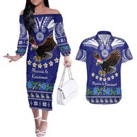 Personalised American Samoa Christmas Couples Matching Off The Shoulder Long Sleeve Dress and Hawaiian Shirt Manuia le Kerisimasi Polynesian Tribal LT9 Blue - Polynesian Pride
