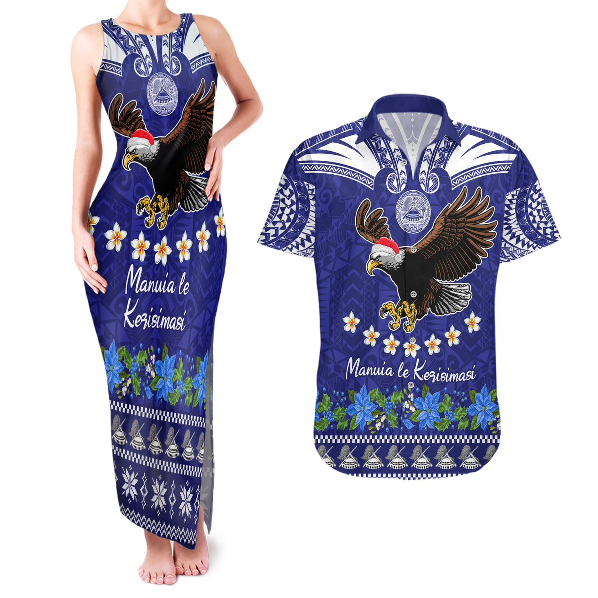 Personalised American Samoa Christmas Couples Matching Tank Maxi Dress and Hawaiian Shirt Manuia le Kerisimasi Polynesian Tribal LT9 Blue - Polynesian Pride
