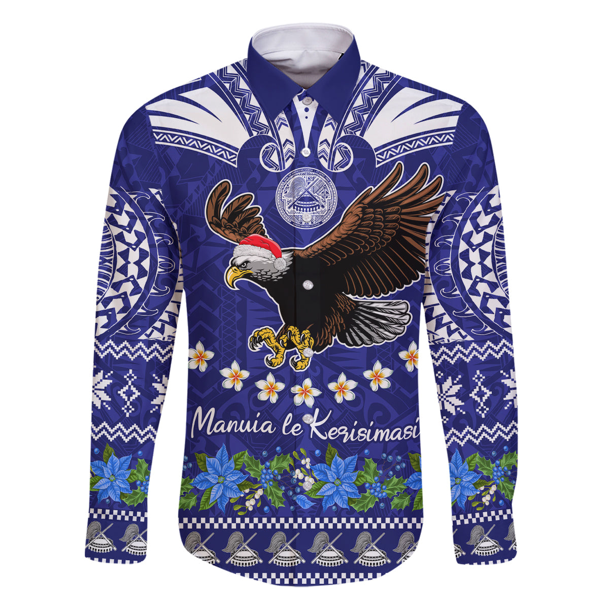Personalised American Samoa Christmas Family Matching Long Sleeve Bodycon Dress and Hawaiian Shirt Manuia le Kerisimasi Polynesian Tribal LT9 Dad's Shirt - Long Sleeve Blue - Polynesian Pride