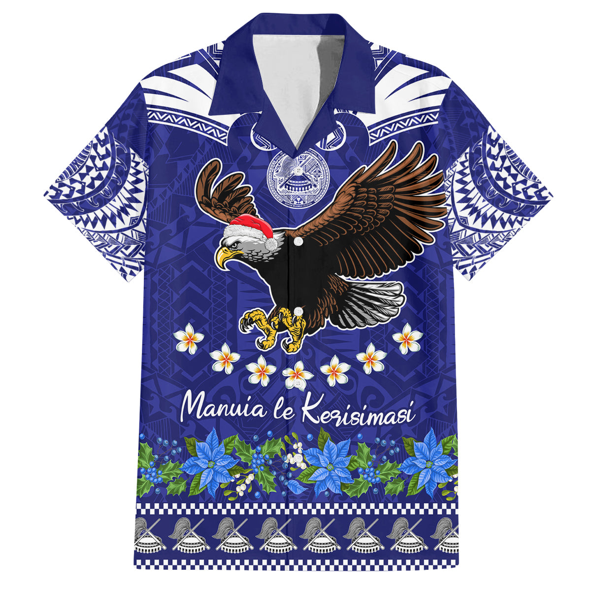 Personalised American Samoa Christmas Family Matching Puletasi Dress and Hawaiian Shirt Manuia le Kerisimasi Polynesian Tribal LT9 Dad's Shirt - Short Sleeve Blue - Polynesian Pride