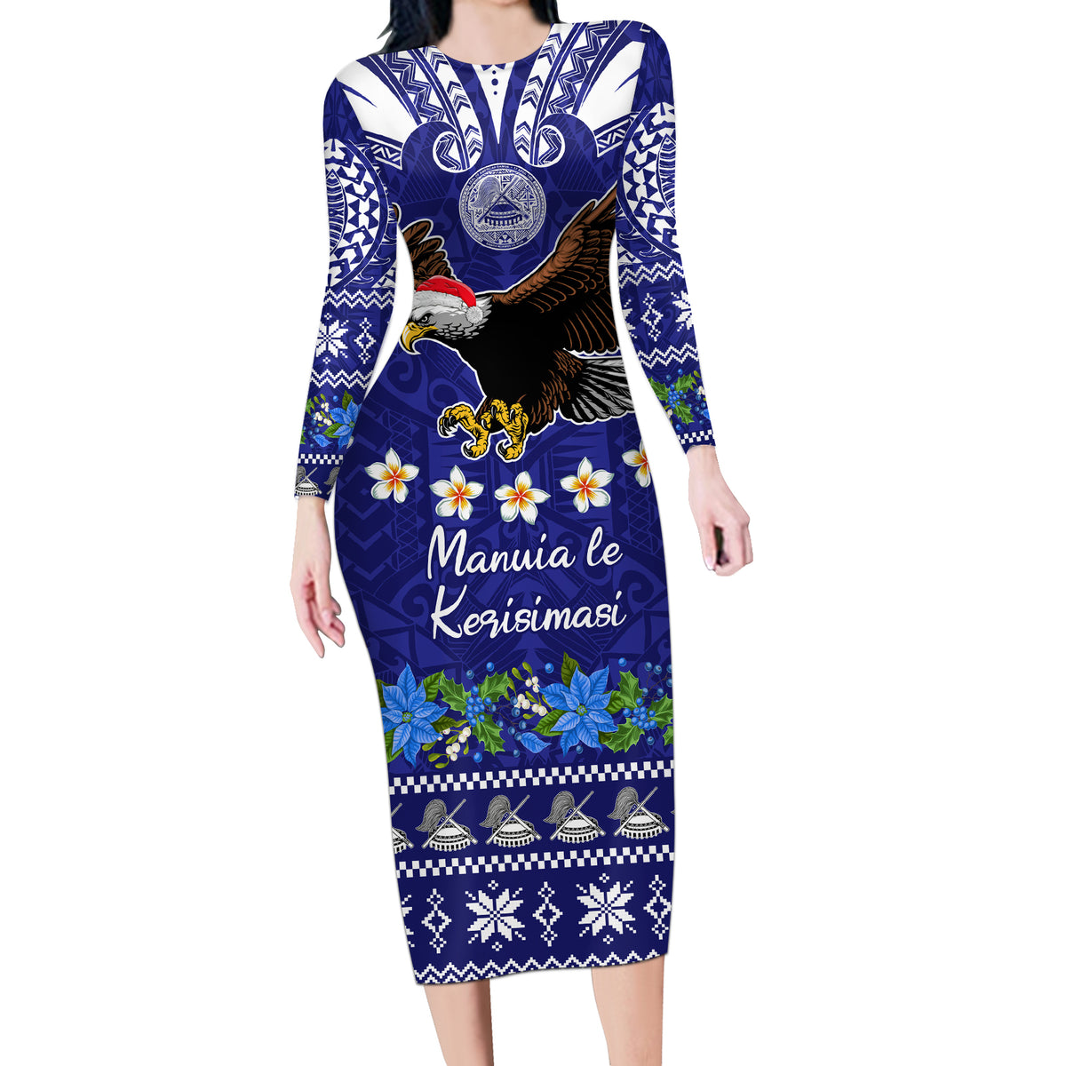 Personalised American Samoa Christmas Long Sleeve Bodycon Dress Manuia le Kerisimasi Polynesian Tribal LT9 Long Dress Blue - Polynesian Pride