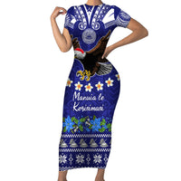 Personalised American Samoa Christmas Short Sleeve Bodycon Dress Manuia le Kerisimasi Polynesian Tribal LT9 Long Dress Blue - Polynesian Pride