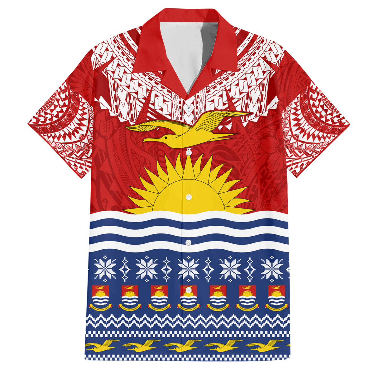 Kiribati Christmas Family Matching Short Sleeve Bodycon Dress and Hawaiian Shirt Tekeraoi n Te Tiritimati Polynesian Tribal LT9 Dad's Shirt - Short Sleeve Red - Polynesian Pride