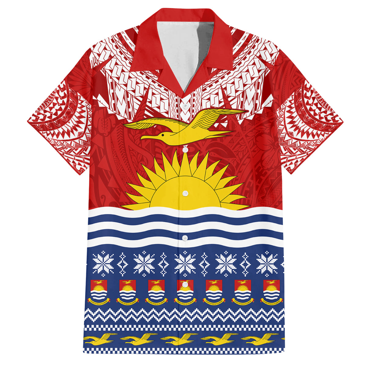 Kiribati Christmas Family Matching Tank Maxi Dress and Hawaiian Shirt Tekeraoi n Te Tiritimati Polynesian Tribal LT9 Dad's Shirt - Short Sleeve Red - Polynesian Pride