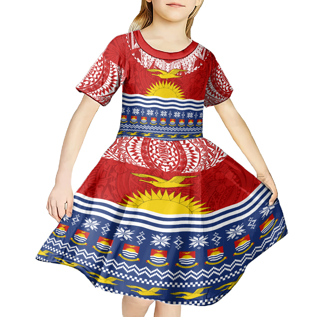 Kiribati Christmas Kid Short Sleeve Dress Tekeraoi n Te Tiritimati Polynesian Tribal LT9 - Polynesian Pride