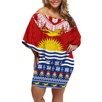 Personalised Kiribati Christmas Family Matching Off Shoulder Short Dress and Hawaiian Shirt Tekeraoi n Te Tiritimati Polynesian Tribal LT9 Mom's Dress Red - Polynesian Pride