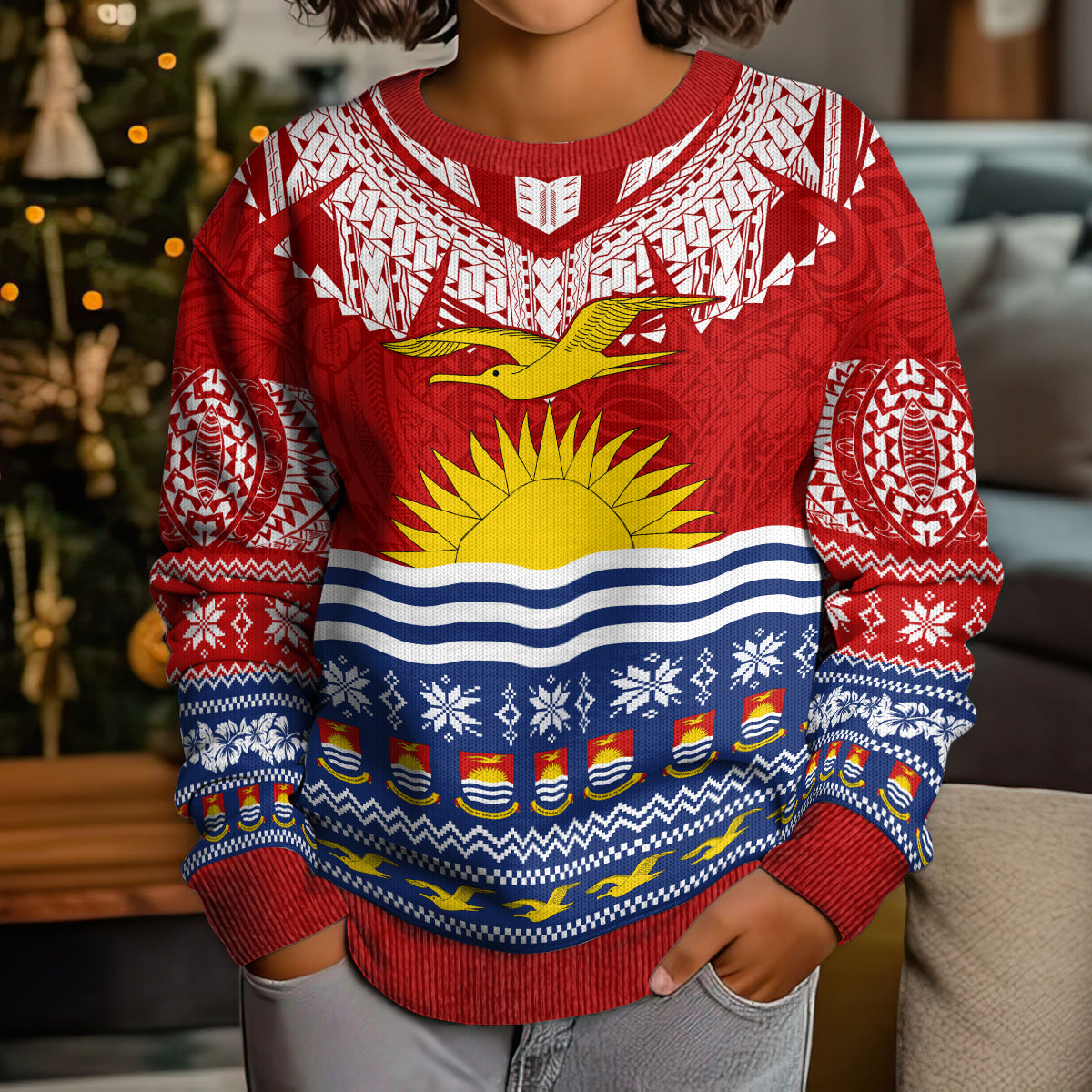 Personalised Kiribati Christmas Kid Ugly Christmas Sweater Tekeraoi n Te Tiritimati Polynesian Tribal LT9 - Polynesian Pride
