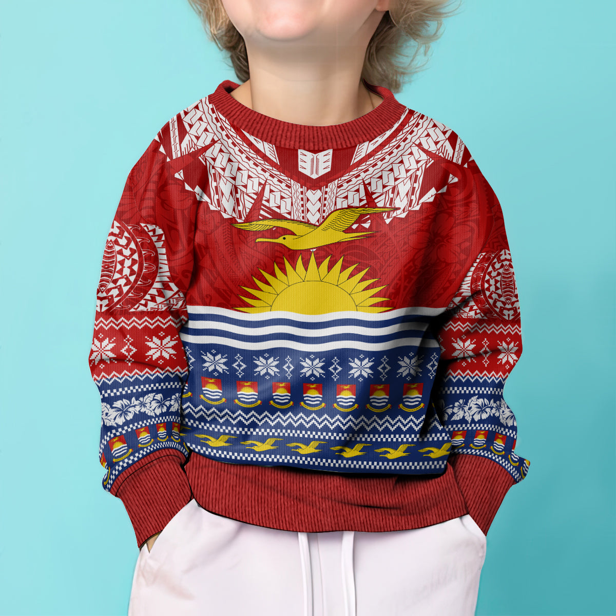 Personalised Kiribati Christmas Kid Ugly Christmas Sweater Tekeraoi n Te Tiritimati Polynesian Tribal LT9 - Polynesian Pride
