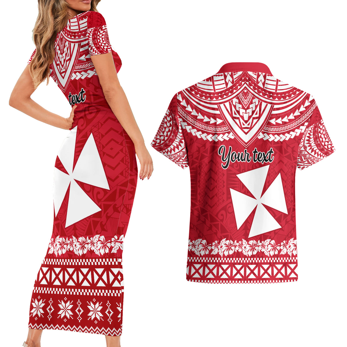 Personalised Wallis and Futuna Christmas Couples Matching Short Sleeve Bodycon Dress and Hawaiian Shirt Polynesian Tribal LT9 - Polynesian Pride