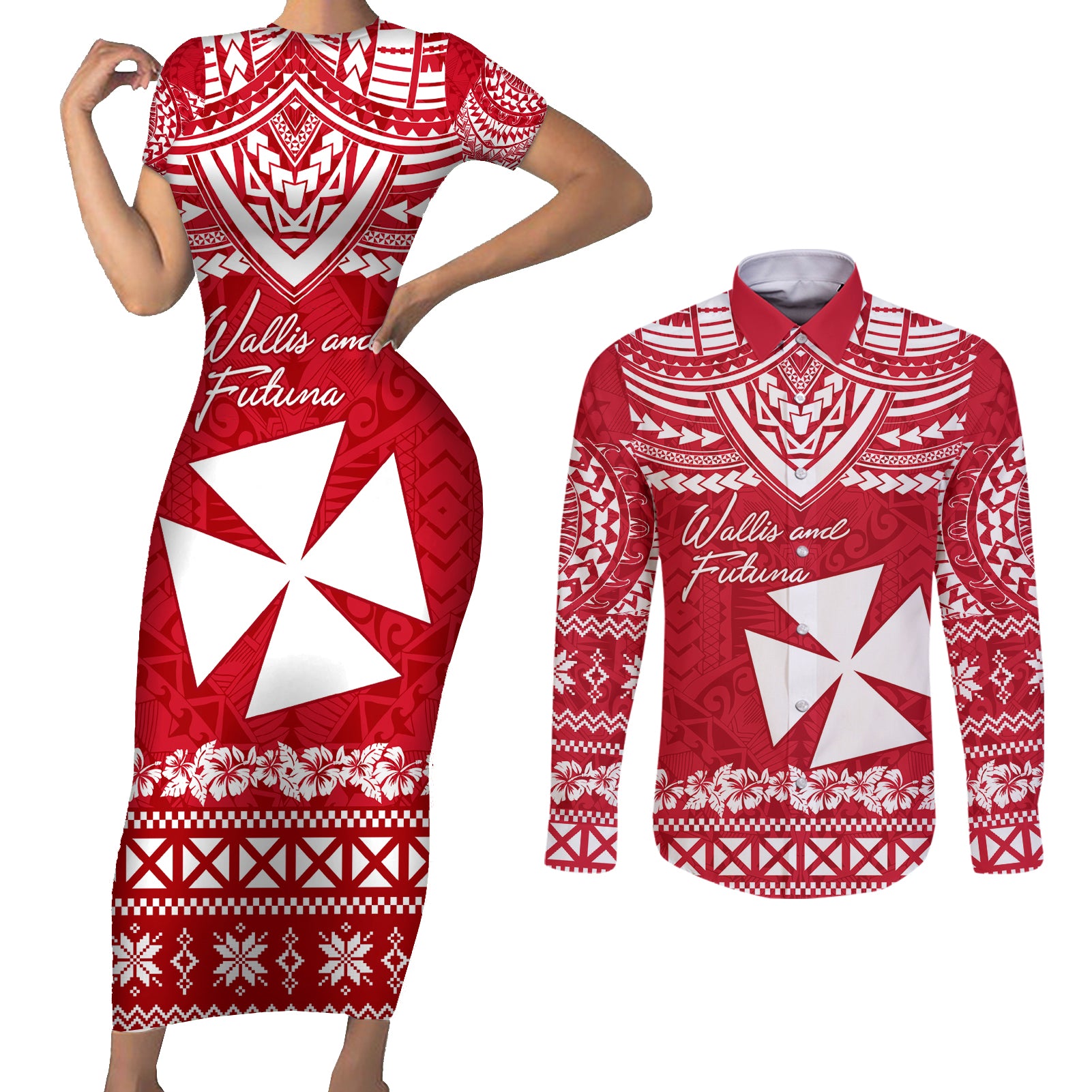 Personalised Wallis and Futuna Christmas Couples Matching Short Sleeve Bodycon Dress and Long Sleeve Button Shirt Polynesian Tribal LT9 Red - Polynesian Pride