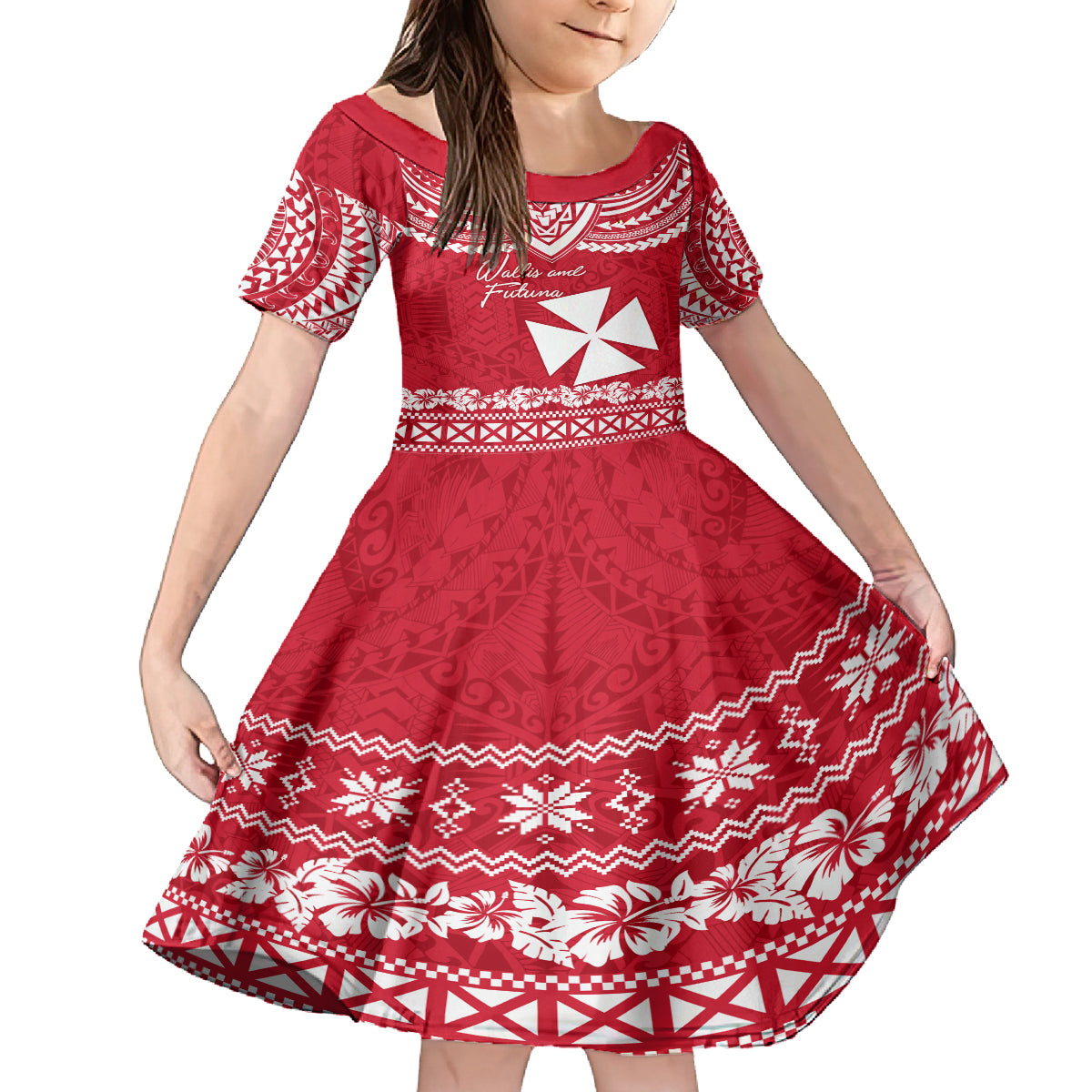 Personalised Wallis and Futuna Christmas Family Matching Puletasi Dress and Hawaiian Shirt Polynesian Tribal LT9 Daughter's Dress Red - Polynesian Pride