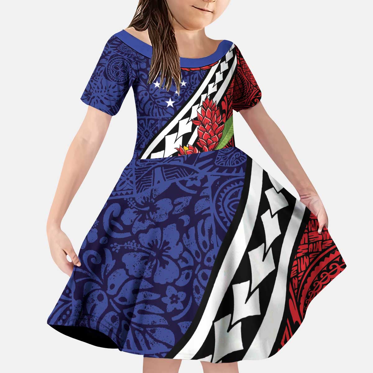 Samoan Ula Fala Flowers Kid Short Sleeve Dress Christmas Santa Belt LT9 KID Red - Polynesian Pride