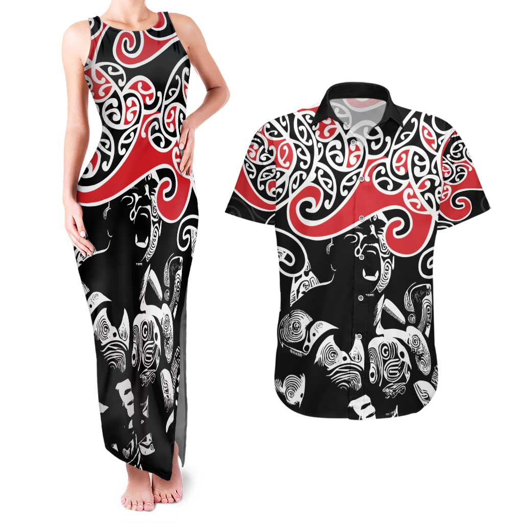 Aotearoa Toitu Te Tiriti Couples Matching Tank Maxi Dress and Hawaiian Shirt New Zealand Stand Together Stand Stronger
