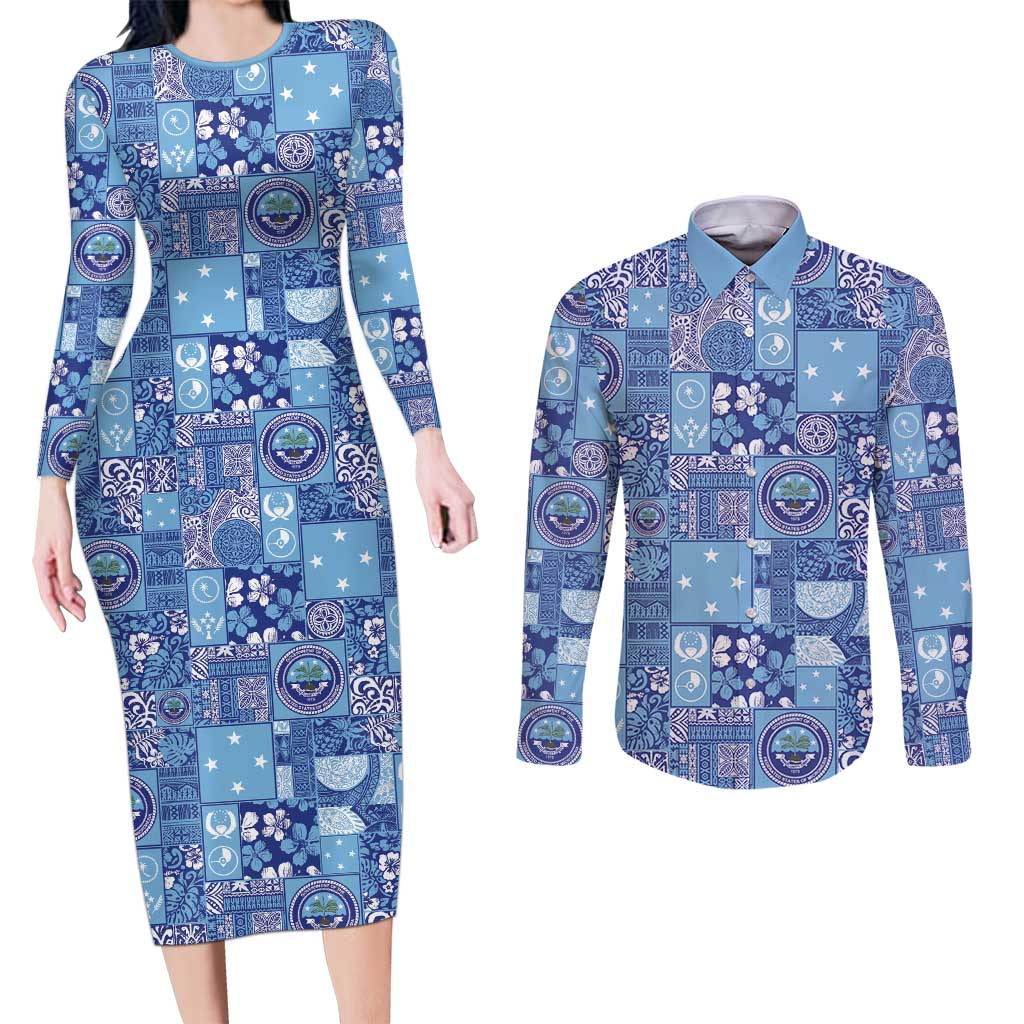 Federated States of Micronesia Merry Christmas Couples Matching Long Sleeve Bodycon Dress and Long Sleeve Button Shirt Pacific Patchwork Xmas Vibes - Polynesian Pride