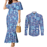 Federated States of Micronesia Merry Christmas Couples Matching Mermaid Dress and Long Sleeve Button Shirt Pacific Patchwork Xmas Vibes LT9 Blue - Polynesian Pride